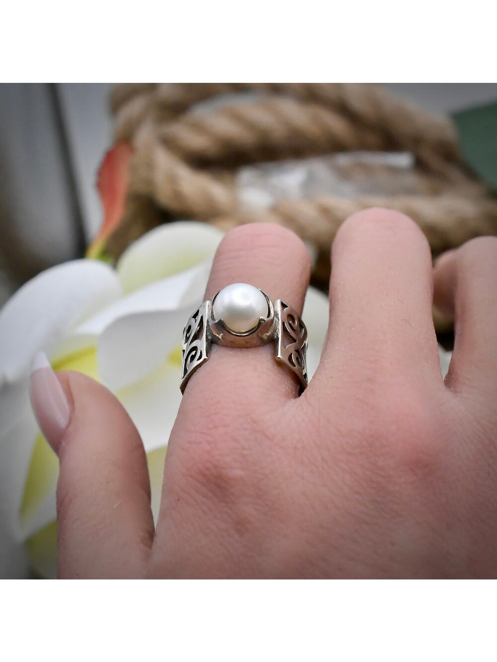 Vintage 925 Sterling Silver Real Pearl Solitaire Filigree Ring Size 6.5 5.25g